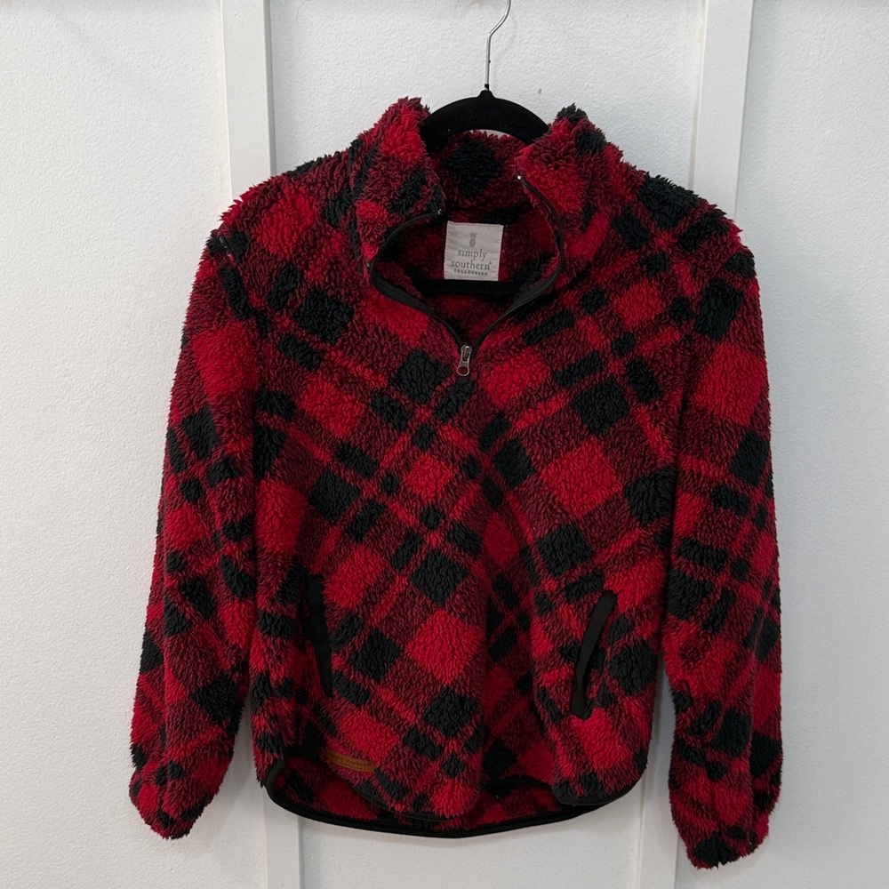 Simply Southern Kids Red and Black Plaid Sherpa Half-Zip Jacket